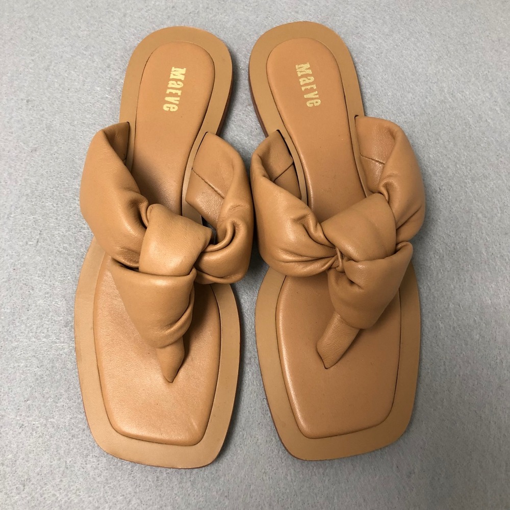 Maeve Knotted Puffy Leather Thong Sandals Womens 8 Tan Square Toe Flat Slides - Picture 3 of 15